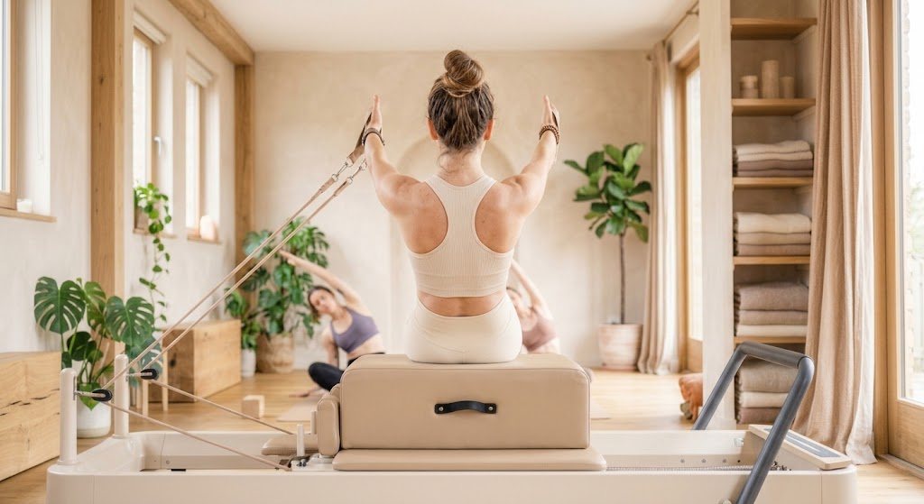 Reformer practice in a softly lit wellness studio