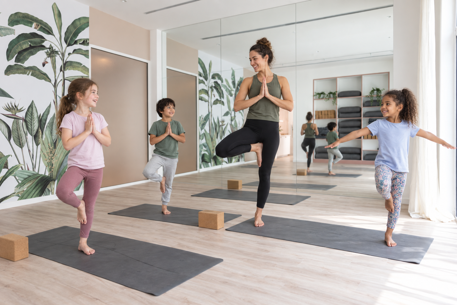 AI-generated scene of children exploring yoga balance with a teacher, using Akasa’s studio as a reference